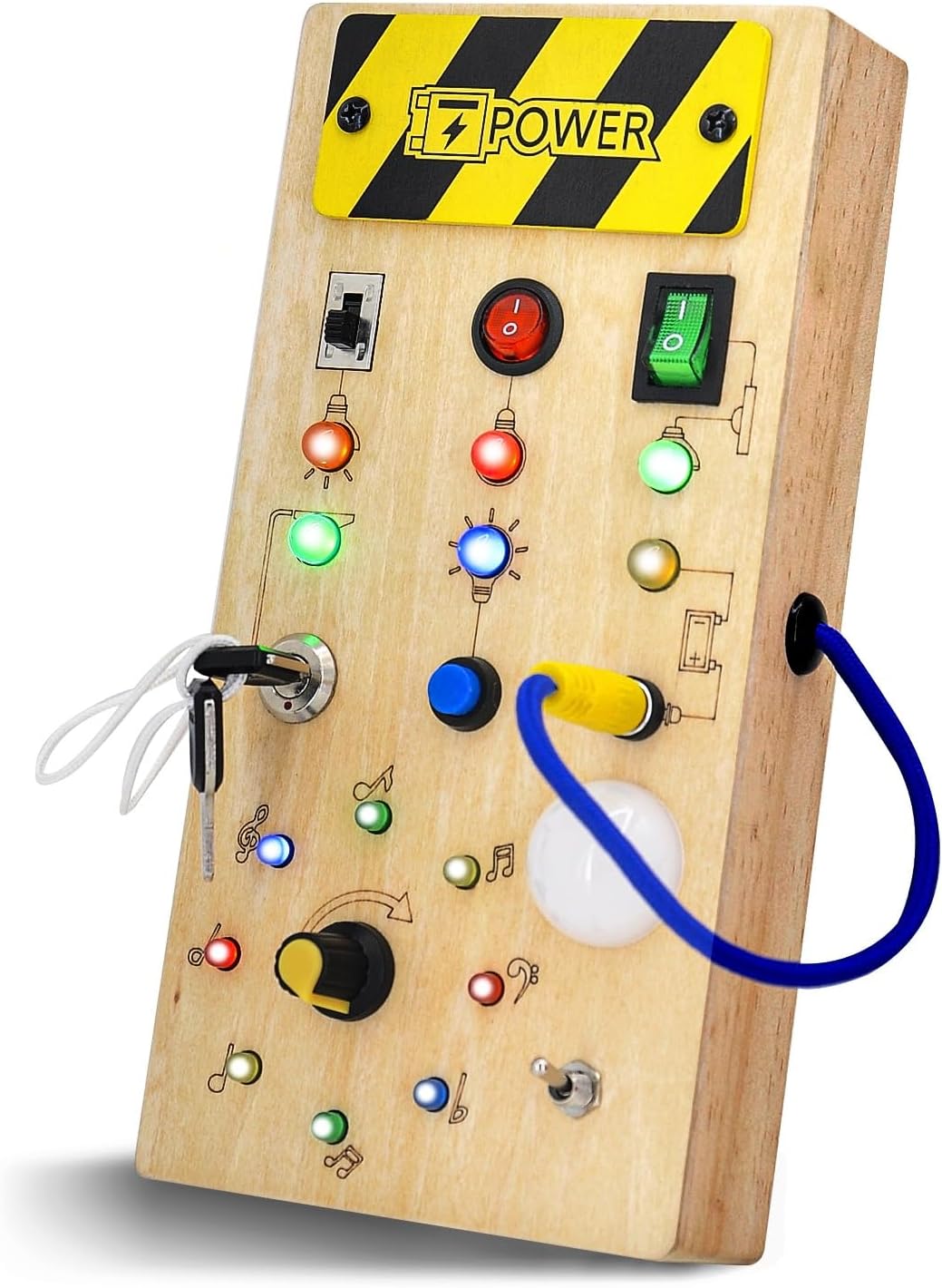 Hukermoon Busy Board Juguetes Montessori, Tablero de Actividades Sensoriales Madera con 8 Interruptores y 15 Luces LED, Montessori Toddler Busy Board LED, Juegos Educativos para Niños de 1 2 3 4 Años