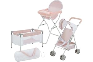 Olivia's Little World Station de Nurserie 3pcs Lit Bebe Chaise Haute et Poussette Rose Gris