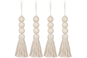 VOSAREA Holz-Perlen-Girlande rustikale Bauernhaus-Perlen mit Quaste zum Aufhängen an der Wand Gebetsperlen Dekor-Perlen Holz 4 PCS-2