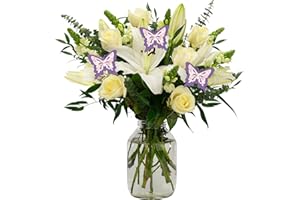 InterBloom | The Grace - Next Day Large and Luxurious Fresh Flower Butterfly Bouquet with White Oriental Lilies, Roses, Snapdragons and Exotic Foliage