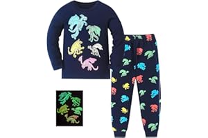 Pilipulu Jungen Schlafanzug Langarm Baumwolle Winter Kinder Pyjama Set Dinosaurier Bagger Traktor Planeten Auto Zweiteiliger Glow in The Dark Nachtwäsche 3-9 Jahre DE Größe 98-134