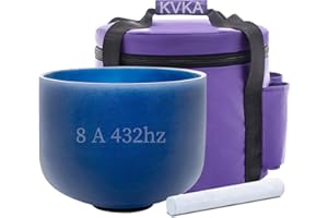 KVKA Crystal Singing Bowl - 432 Hz 8 inch Frosted Quartz Singing Bowls for Chakra Holistic Healing, Meditation & Relaxation - with Mallet & O-ring & Carry Case (8 inch 432Hz A Note Blue)