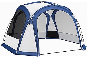 Outsunny Tenda da Campeggio 4-5 Posti con 4 Porte a Cerniera, Zanzariera, Borsa da Trasporto e Gancio per Lampada, 350x350x230cm, Bianca e Blu