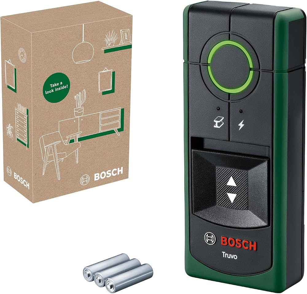 Bosch Home & Garden Truvo Duvar Dedektörü (Tek Tuşla Kolay Kullanım, Metallerin ve Akım Geçen Kabloların Tespiti, Duvarda 70mm'ye kadar çalışma maesafesi, Geri Dönüştürülmüş Malzemeden Katon Kutu)