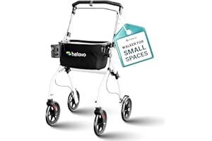 Helavo Lightweight Indoor Rollator for Seniors - 21 inch (53 cm) Wide - Foldable Rollators for Narrow Homes, Aluminium Mobility Walker with Quiet Tires, Tray, Transport Basket and Braking System