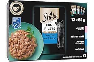 SHEBA Repas pour Chat Filets en Sauce - (Lot de 4 Packs de 12x85g) Poissons Blancs/Poissons de l'Océan/Cabillaud/Saumon - Nourriture Complète - Pêche Durable MSC [L'emballage peut varier]