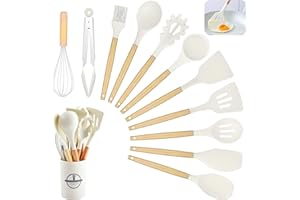 DOGMOON Kitchen Utensil Set, 12 PCS Silicone Cooking Utensils Set with Wooden Handle, Heat Resistant, Nonstick Cookware Tongs Spatula Spoon Set, Silicone Kitchen Utensils Set Suitable for Kitchen(Off White) ﻿