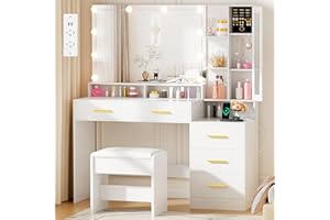 ANWBROAD Grande Toeletta da Trucco con Luci a LED e Prese Regolabili in 3 Colori Toletta Moderna Bianca con Specchio e Sgabello 5 Cassetti con Porta in Vetro Camera da Letto 140x115x40cm BDT68W