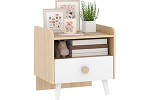 AIYAPLAY Comodino con Cassetto per Bambini 3-10 Anni dal Design Minimal, Comodino per Camera da Letto in MDF e Legno di Pino, 40x32.5x40 cm, Bianco e Legno Naturale