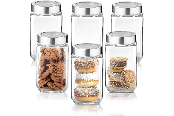 CROCO JAR Square Glass Storage Containers 1000ml Set of 6 Transparent Kitchen Jars with Airtight Steel Lid Spice, Pickle, Dry Fruit, Snack, Coffee, Sugar & Pantry Storage Containers