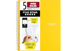 Five Star Spiral Notebook, 5 Subject Wide Ruled Paper, Fights Ink Gradient, Water Resistant Cover, 8" x 10.5", 200 Sheets, Harvest Yellow (73469)