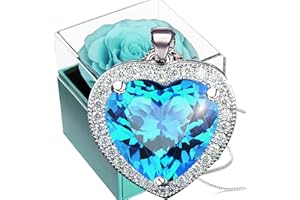 WILLUCK Preserved Real Rose with Aquamarine Crystal Necklace,Forever Cyan Rose with Women Heart Necklace,925 Sterling Silver Ocean Pendant in Eternal Rosebox,Infinity Gift for Her On Christmas valentine