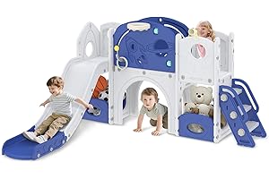 ‎FROADP Froadp 8-in-1 Kinderrutsche für Kleinkinder ab 1 Jahr, Indoor und Outdoor, Freistehende Rutsche aus HDPE & PP, mit Kletterleiter, Tunnel, Stauraum, Basketballkorb und Spielteleskop, bis 50kg