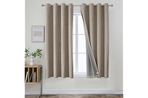Joydeco 100% Blackout Curtains Bedroom 54 Inch Drop, Faux Linen Soft Textured Thermal Insulated Eyelet Curtains with Coating Back Layer for Living Room, W46 x L54, Natural - 2 Panels