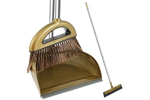 Ensemble Balai et Pelle à Poussière à Long Manche 124cm avec Balai Raclette Sol Pelle et Balayette Long Manche Vertical Rotatif 180 ° Portable pour Nettoyage de Maison Cuisine Bureau (124cm Or)