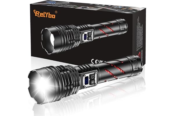 Relybo ficklampa kraftfull LED-lampa 1000000 lumen USB-uppladdningsbar | 2 strömbrytare, 4 lägen, enastående batteritid, aluminiumhölje, infällbar zoom, IPX6, för camping, vandring, nödsituationer