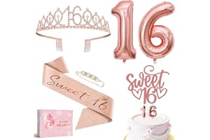 WISHSTAR 16 Geburtstag Mädchen Deko, Happy Birthday Krone und Schärpe, 16. Luftballons Geburtstag Rosegold, Kerze 16 geburtstagsdeko, 16 Geschenk für Freundin
