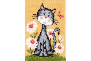 YOOTOM Kit de Tapis de Crochet à Point Noué Set Tapis à Point noué Loquet Bricolage, Création de Tapis à Crocher pour Adultes, Chat Patron Imprimé, 50x38cm