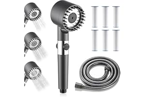 BWALIFFURY Alcachofa de Ducha Alta Presion, Antical Alcachofa Ducha con Manguera de 1.5M & 6 cartuchos reemplazables, 3 Modos, botón de parada instantánea, Agua Dura y Eliminación de Cloro Residual (Gris1)