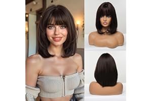 Esmee 14 Pulgadas Peluca Bob Marrón Oscura Corta con Flequillo Extremos de Cabello Ligeramente Rizado Pelucas de Cabello Sintético Natural Liso para Mujeres Uso Diario de Fiesta Cosplay