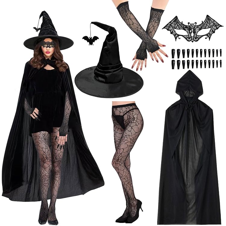 Hexenkostüm Damen 5-teilig – Inkl. Umhang, Hut, Handschuhe & Masken, Für Halloween & Mottopartys