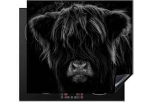 KitchenYeah© Protection Pour Plaque Induction 60x52 cm Deco Cuisine Protégé Cache De Cuisson Vitroceramique Highlander écossais - Vache - Noir - Blanc - Animaux