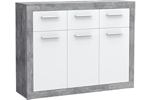 ‎FORTE FORTE Baccio Kommode mit 3 Türen und 3 Schubladen, Holzwerkstoff, Betonoptik Lichtgrau / Weiß, 117.90 x 34 x 91.50 cm