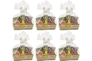 H-line 6 x Make Your Own Hamper Kits - 6 x Large Rectangle Wicker Baskets Cellophane Wood Shred Bow Set (Natural) - Ideal for Christmas/Easter/Newborn Gift Hamper