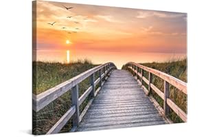 PICANOVA – Cuadro sobre Lienzo Wooden Path to The Sea 120x80cm – Impresión En Lienzo Montado sobre Marco De Madera (2cm) – Disponible En Varios Tamaños – Colección Playas