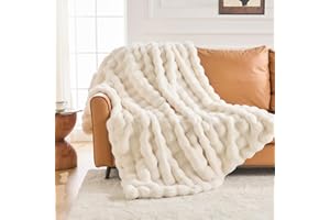 IKALIFE Weiche Kunstfelldecke Kuscheldecke Felloptik - Kunstfell Decke Plüsch Flauschig Felldecke Faux Kaninchenfell Decke Kuscheldecke Fell Bubble Decken für Couch Bett Sofa, 150 x 200 cm Creme