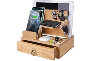 iCozzier Bamboo stacja ładująca do wielu urządzeń Dock Station Watch organizer na klucze z szufladą do zegarków, podów, padów, smartfonów, tabletów, urządzeń Kindle