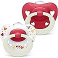 NUK Signature Night Baby Pacifier | 6-18 Months | Soothes 95% of Babies | BPA-Free Silicone Heart-Shaped Pacifier | Glow in the Dark | With Case | Red Hearts | Pack of 2