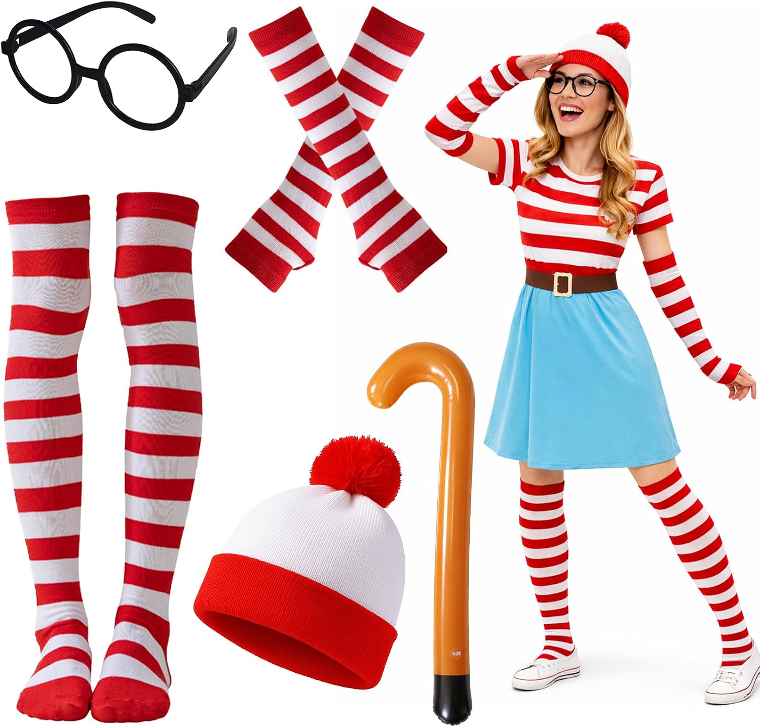 MUNSKT Wheres Wally Costume Set,Traje sombrero de alta forma gafas calcetines Guantes de rojo y blanco para mujer,traje más fresco para el día mundial del libro