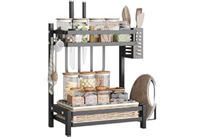 NETEL Wielofunkcyjny stojak na przyprawy, 2 poziomy stojących półek organizer ze stali nierdzewnej do przechowywania w kuchni, z koszem na pałeczki, uchwytem na sztućce, 32.5x20x40cm, czarny matowy