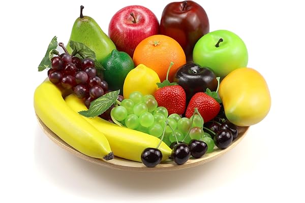 Ikosora 20 st falska fruktpaket, konstgjord frukt för dekorationsfest, realistiska falska frukter bord mittstycken dekoration hem kök, verklighetstrogna fuskfrukter äpple bananer