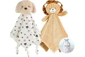 CREVENT Cozy Plush Baby Comforter Security Blanket, Loveys for Baby Girls and Boys, Birthday (Dog + Lion)