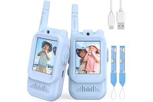 Hangrui Talkie Walkie Enfants avec Vidéo & HD Caméra,Lot de 2 Talkies-Walkies Rechargeable,Portée 100-400m,4 Modes de Voix Changée, Cadeaux Jouets de Plein air pour Enfants de 3 à 12 Ans (Bleu + Bleu)