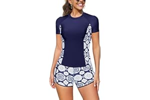 SHEKINI Rash Guard Set 2 Pièces Maillot de Bain Rashguard Imprimé Floral T-Shirt à Manches Courtes Shorts de Sport pour Surf Natation Séchage Rapide