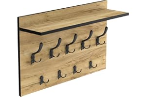 HWS FURNITURE duży wieszak ścienny na ubrania płaszcze, dąb czarne wykończenie, 9 czarne haczyki