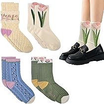 4 Paia Calzini Donna Con Fiori Di Tulipano - Calze Vintage In Cotone, Fantasia Colorata - Foto 6