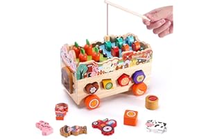 SUNFRY Giochi Montessori 3 4 6 Anni, 8 in 1 Giochi Educativi Montessori in Legno Costruzioni Gioco, Gioco di Pesca Abilità Motorie Giochi di ordinamento per Imparare Forme Colori Regalo Bambino 3 4 5 6 Anni