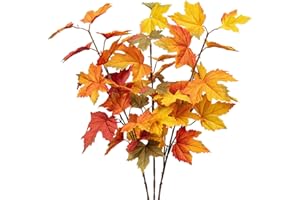 Hollyone 3PCS Artificial Maple Leave Branches, Fake Maple Leave Stems for Autumn Decorations, Silk Faux Maple Bushes for Thanksgiving, Festival, Party, Weddding, DIY, Home Decor, Centerpiece