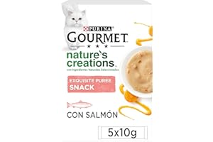 Purina Gourmet Nature's Creations Puree, Snack, premio para Gato adulto con Salmón y Zanahoria, 11 Packs de 5 sobres de 10g. (55 sobres)