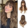 Esmee 24 Inch Long Golden Brown Ombre Wig with Bangs for Women Synthetic Wigs Natural Wave Heat Resistant Hair Wigs for Daily Party Cosplay Use