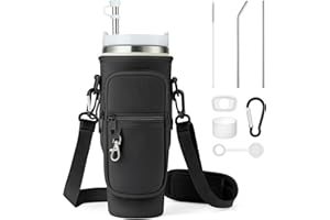 Enbagold Bolsa Portabotellas de agua para Stanley Cup 40oz, Bolso Stanley Cup con Correa y Bolsillo para Teléfono, Accesorios para Pajita y Accesorios a Prueba de Fugas y Mosquetón (Negro)