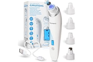‎GRUNDIG GRUNDIG Porenreiniger Mitesserentferner - Mitesser dauerhaft und schnell entfernen - Akku Porensauger mit 5 Wirkstufen, Hygienefilter 4 Profi Sauger Pflegeaufsätzen I Blackhead Remover (Gerät), Weiß