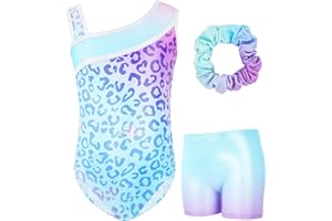 Gogokids Ensemble de Gymnastique Trois Pièces pour Filles, Justaucorps Sans Manches avec Shorts et Bandeau, Tenue de Gymnastique avec Design de Couleur Scintillants Dégradée pour 3 à 12 Ans