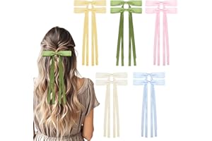Larkumio 10 PCS Hair Bow Clip Satin Ribbon Hair Bows for Women Girls Bow Hair Clip with Long Tail and Mental Clip, Hair Styling Accessories for Christmas Birthdays (White+Pink+Blue+Green+Yellow)