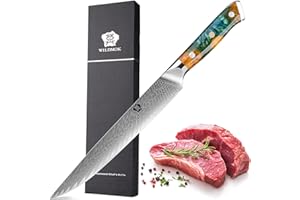 WILDMOK Cuchillo de trinchar Damasco, cuchillo de carne profesional afilado de 22cm, cuchillo de cocina multifuncional hecho de acero japonés Super VG10 con mango de espiga completa