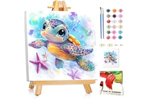 MANDUN ART Meeresschildkröten Malen Nach Zahlen Kinder mit Rahmen, Malen nach zahlen kinder ab 5 6 7 8 9 10 Jahre, Malset mit Rahmen, Pinsel und Acrylfarben, Geschenk für Mädchen und Jungen, mit Glitzer 20x20cm